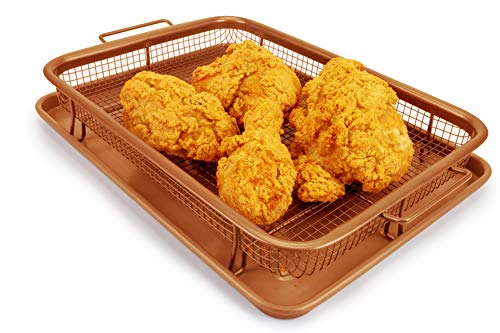 EaZy MealZ Crisping Basket & Tray Set | Air Fry Crisper Basket | Tray & Grease Catcher | Even Cooking | Non-Stick | Healthy Cooking (9.5" x 13", Copper) - Kitchen Parts America