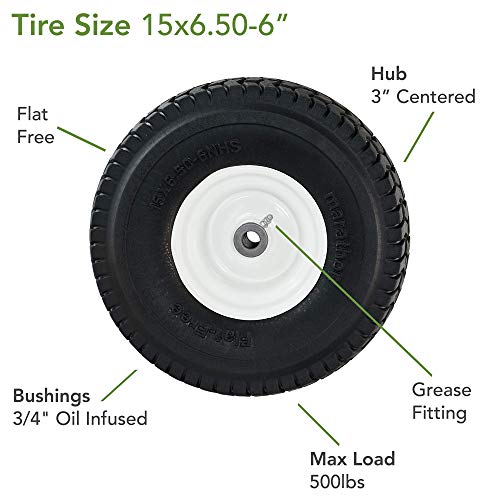 Marathon 30426 15x6.50-6" Flat Free Lawnmower Tire on Wheel, 3" Hub, 3/4" Bushings - Grill Parts America