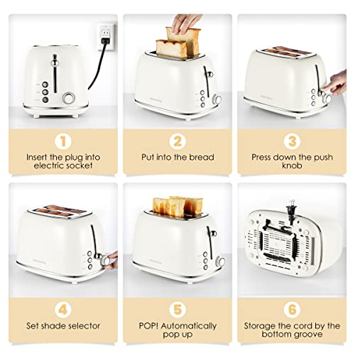 REDMOND 2 Slice Toaster Retro Stainless Steel Toaster with Bagel, Cancel, Defrost Function and 6 Bread Shade Settings Bread Toaster, Extra Wide Slot and Removable Crumb Tray, Cream, ST028 - Kitchen Parts America