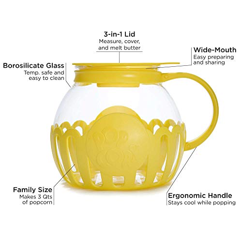 Ecolution Patented Micro-Pop Microwave Popcorn Popper with Temperature Safe Glass, 3-in-1 Lid Measures Kernels and Melts Butter, Made Without BPA, Dishwasher Safe, 3-Quart, Yellow - Kitchen Parts America