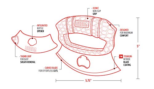 BUBBA ULU Knife with Non-Slip Grip Handle, Curved Blade, Integrated Bottle Opener and Sheath, Red - Kitchen Parts America