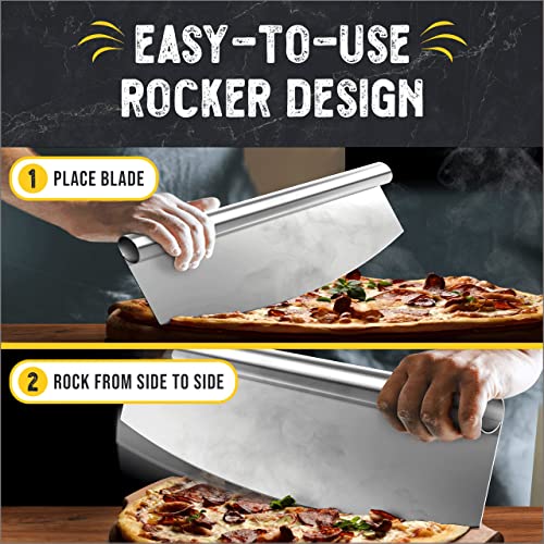 Checkered Chef Pizza Cutter Rocker - 16 Inch Mezzaluna Knife w/ Blade Cover - Pizza Slicer & Scraper - Kitchen Parts America