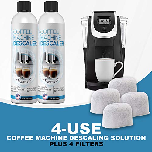 Keurig Compatible Descaling Solution (2 Bottles, 4 Uses Plus 4 Filters) - Universal Descaler Cleaner Concentrate Kit Compatible With All Keurig 1.0 & 2.0 K-Cup Pod Machines and Espresso Machines - Kitchen Parts America