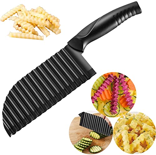 YukaBa Crinkle Potato Cutter 2.9" x 11.8" Stainless Steel Waves French Fries Slicer Handheld Chipper Chopper, Vegetable Salad Chopping Knife Home Kitchen Wavy Blade Cutting Tool, Black - Kitchen Parts America