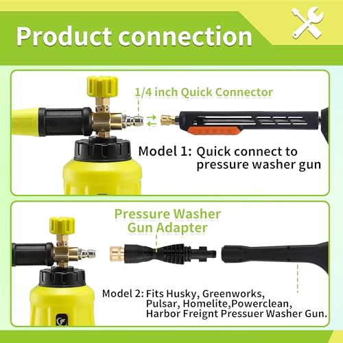 FIXFANS Foam Cannon, Wide Neck Snow Foam Lance with Replacement Adapter for Portland Husky and Ryobi Pressure Washer, Heavy Duty Power Washer Foam Blaster with 1/4 Inch Quick Connector, 5 Nozzle Tips - Grill Parts America