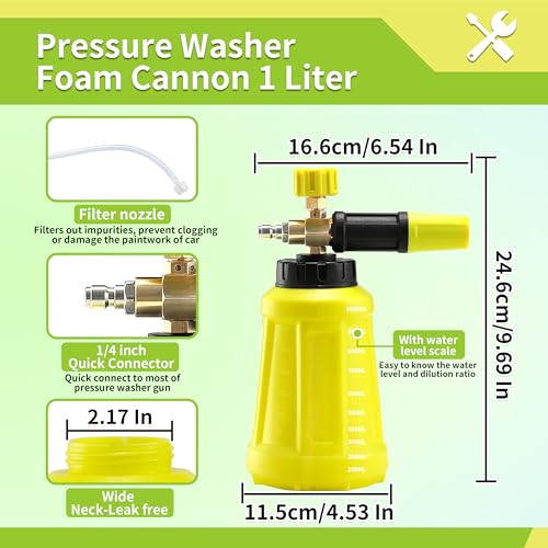 FIXFANS Foam Cannon, Wide Neck Snow Foam Lance with Replacement Adapter for Portland Husky and Ryobi Pressure Washer, Heavy Duty Power Washer Foam Blaster with 1/4 Inch Quick Connector, 5 Nozzle Tips - Grill Parts America