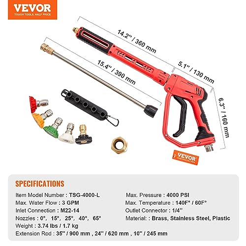 VEVOR High Pressure Washer Gun, 4000 PSI Power Washer Spay Gun with Replacement Extension Wand, M22-14,15mm Inlet & 1/4'' Outlet, Pressure Washer Handle with 5 Nozzle Tips - Grill Parts America