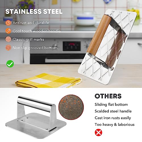 Stanbroil Stainless Steel Burger Press, Rectangular Grill Press, Burger Smasher with Wooden Handle, 9 x 4.5 Inches Bacon Press Perfect for Steak, Paninis, Flatbreads and Sandwiches - Grill Parts America