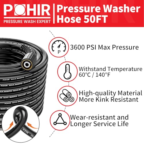 POHIR Pressure Washer Gun and 50FT Hose Kit, 3600 PSI Power Washer Gun Comes With 15in Extension Wand Parts 7 Nozzle Tips Quick Connect Set For Home Cleaning and Car Washing - Grill Parts America