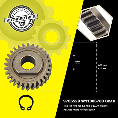 HuthBrother Worm Gear Kit Compatible With Whirlpool 5QT&6QT 9709231 Replacement Gear Parts with 9703445 Bearing & Gear 9706529 with the 9709511 Gasket and 9703680 Circlip & 1.8 OZ Food Grade Grease - Kitchen Parts America