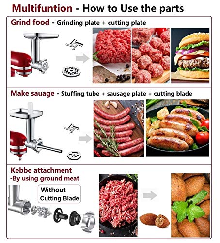 Metal Food Grinder Attachment for KitchenAid Stand Mixers, Kitchen aid Meat Grinder Included 3 Sausage Stuffer Tubes, 4 Grinding Plates, 2 Grinding Blades, Kubbe Meat Processor Accessories - Kitchen Parts America