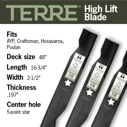 Terre Products, 3 Pack High Lift Lawn Mower Blades, 48 Inch Deck, Compatible with Poulan, Craftsman, Husqvarna YTH22V46, YTH24V48, Replacement for 180054, 173920, 532180054, 532173920 - Grill Parts America