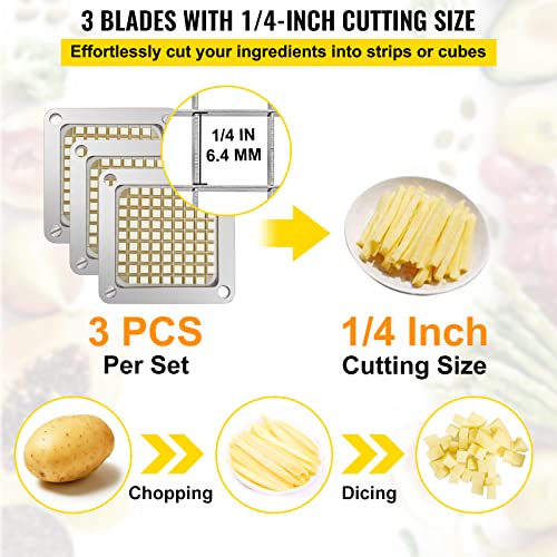 VEVOR Replacement Chopper Blade, 1/4 inch, 3 PCS French Fry Blade Assembly with 6 Extra Knives, Stainless Steel Dicer Parts and Push Block for Cutting Potatoes Carrots Onions Cucumbers Mushrooms - Kitchen Parts America