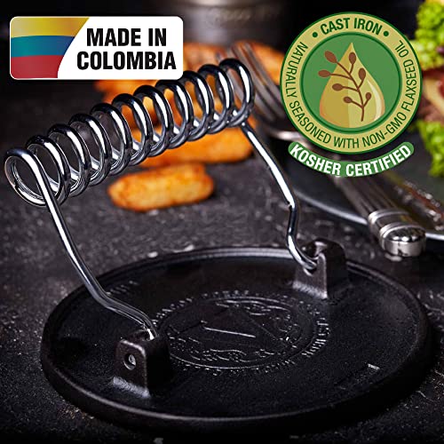 Victoria Round Cast Iron Meat Press with a Wire Handle, Preseasoned with Flaxseed Oil, Made in Colombia - Grill Parts America