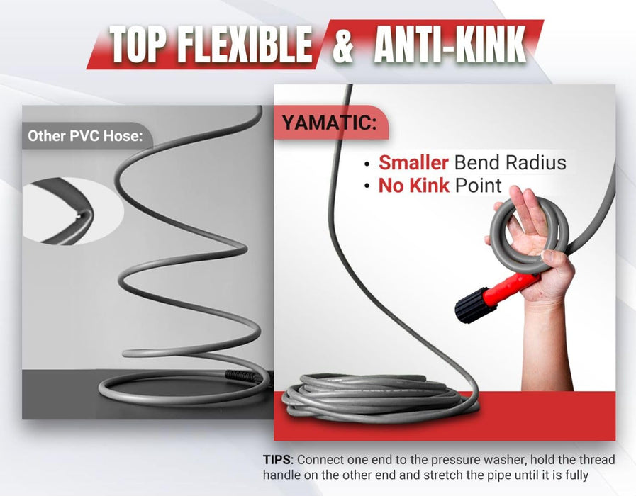 YAMATIC Super Flexible Pressure Washer Hose 25FT for Power Washer Replacement, Kink Resistant Extension With Leak-Free M22 Female & 3/8" Quick Connect Adapters, 1/4" 3200 PSI, Grey - Grill Parts America