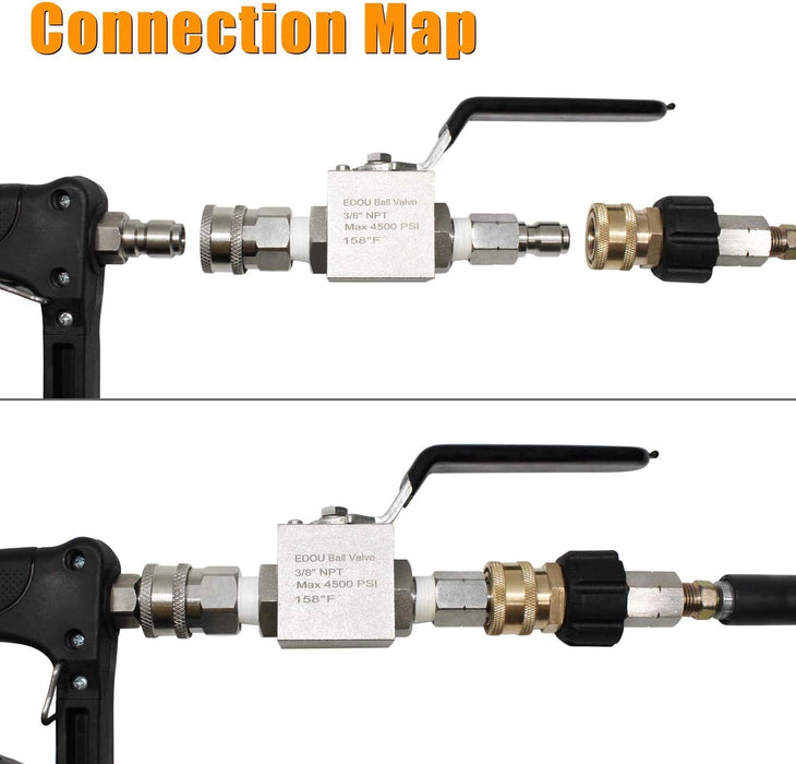 EDOU DIRECT Ball Valve for High Pressure Washer Hose Kit | 3/8" Male Plug X 3/8" Female Quick Connect | 4,500 PSI Max Working Pressure | Includes replacement Quick Connect and Teflon Tape - Grill Parts America