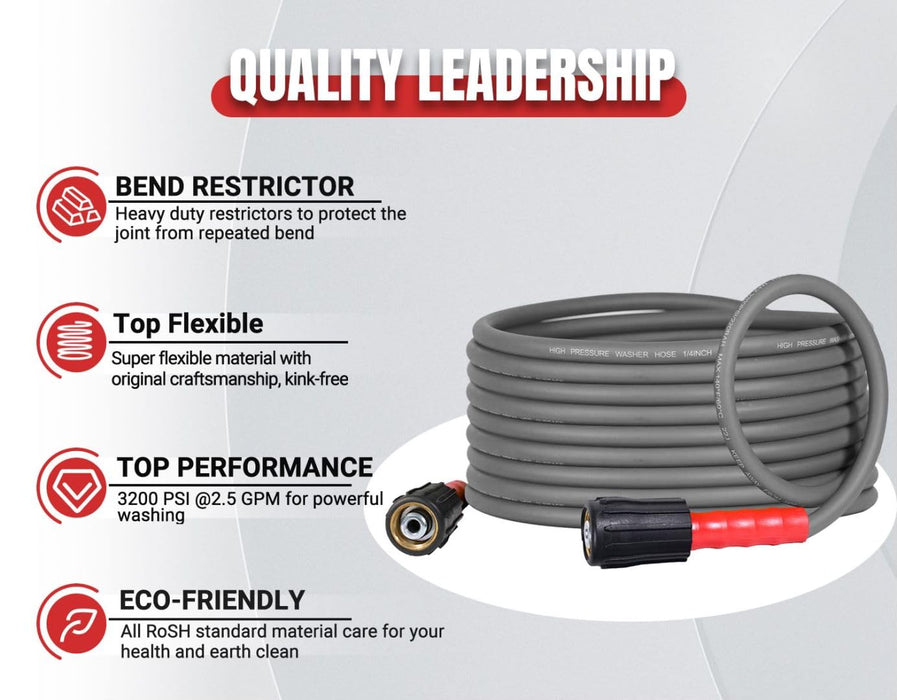 YAMATIC Super Flexible Pressure Washer Hose 25FT for Power Washer Replacement, Kink Resistant Extension With Leak-Free M22 Female & 3/8" Quick Connect Adapters, 1/4" 3200 PSI, Grey - Grill Parts America