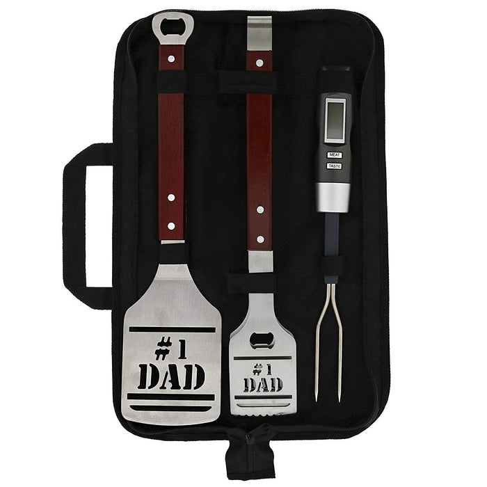 Panoware BBQ Grill Tools Set Gift for Dad, 4 Piece Set, Number 1 Dad Tongs, Spatula, Digital Thermometer and Case - Grill Parts America