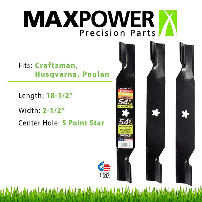 MaxPower 561747B 3 Blade Set for Many 54 in. Cut Craftsman, Husqvarna, Poulan Mowers Replaces OEM #'s 187256 and 532187256,yellow - Grill Parts America