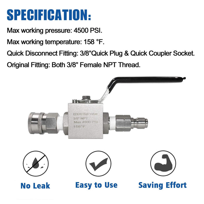 EDOU DIRECT Ball Valve for High Pressure Washer Hose Kit | 3/8" Male Plug X 3/8" Female Quick Connect | 4,500 PSI Max Working Pressure | Includes replacement Quick Connect and Teflon Tape - Grill Parts America