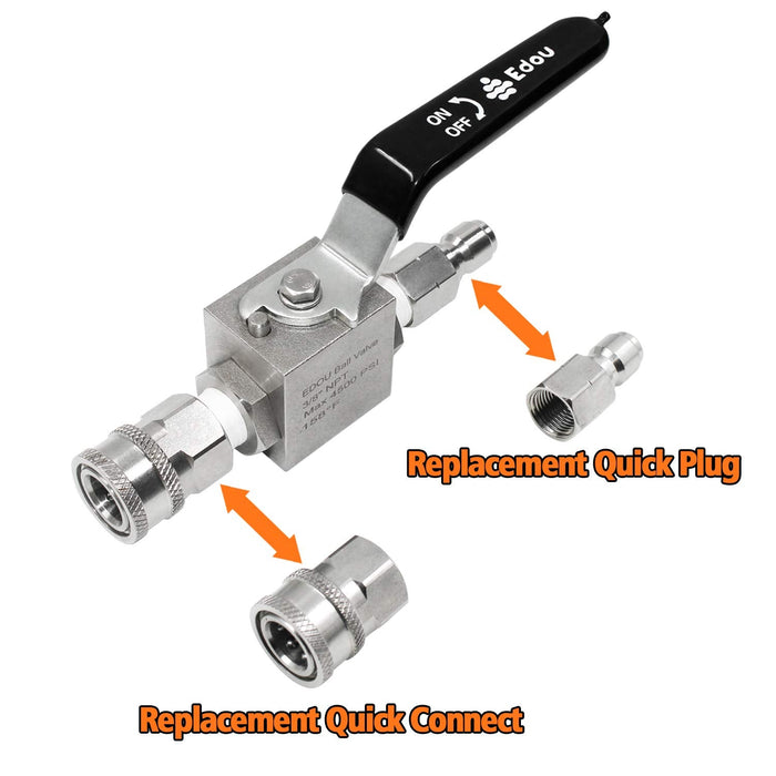 EDOU DIRECT Ball Valve for High Pressure Washer Hose Kit | 3/8" Male Plug X 3/8" Female Quick Connect | 4,500 PSI Max Working Pressure | Includes replacement Quick Connect and Teflon Tape - Grill Parts America