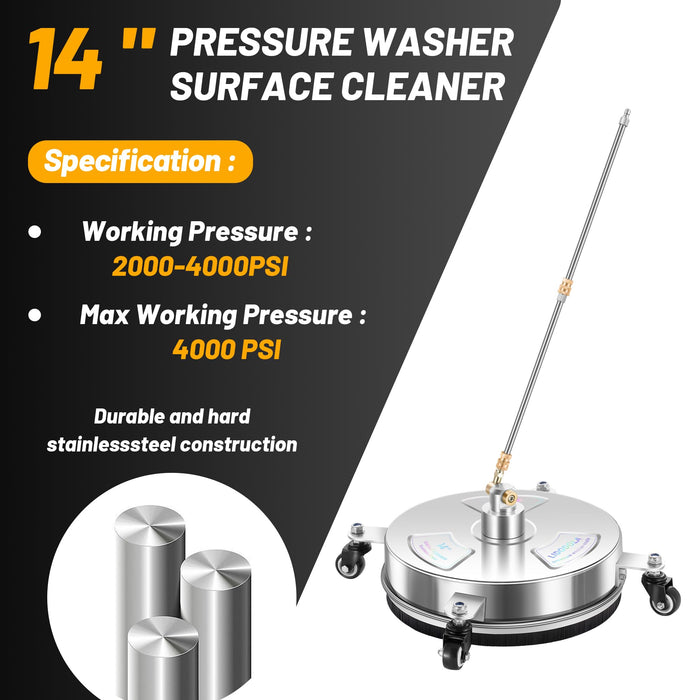 14" Pressure Washer Surface Cleaner with 4 Wheels - Stainless Steel Surface Cleaner for Pressure Washer Attachment for Concrete, Patio, Sidewalk, Deck and Driveways - PWS14 - Grill Parts America