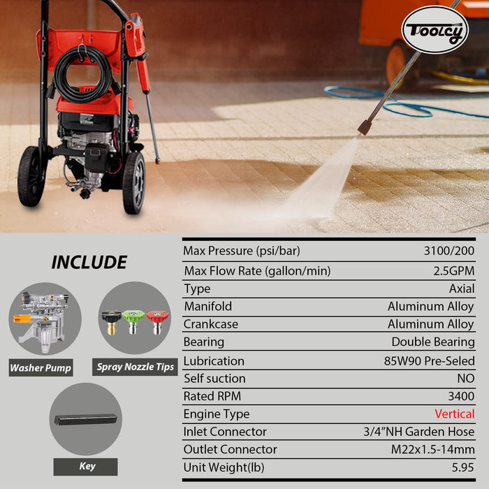 TOOLCY 7/8" Shaft Vertical Pressure Washer Pump - Max 3100 PSI @ 2.5 GPM OEM & Power Washer Pump for Gas Washer - Pre-Filling Gear Oil - More Replacements: Simpson, Ryobi, Honda, etc. - Grill Parts America