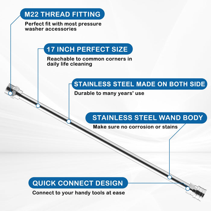 PWACCS Pressure Washer Wand Extension Kit — Dual Stainless Steel Power Washer Lance for Pressure Washing Accessories — M22 to 1/4" Quick Connect — 17 Inch Both - Grill Parts America