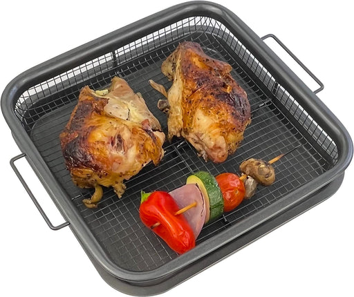 EaZy MealZ Crisping Basket & Tray Set | Air Fry Crisper Basket | Tray & Grease Catcher | Even Cooking | Non-Stick | Healthy Cooking (9" x 10" 2-Piece, Gray) - Grill Parts America