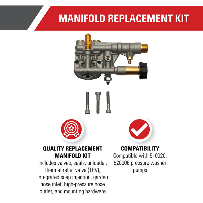 Simpson Cleaning 7108366 Manifold Replacement Kit for OEM Technologies 510020 and 520006 Axial Cam Pressure Washer Pump, Multi - Grill Parts America