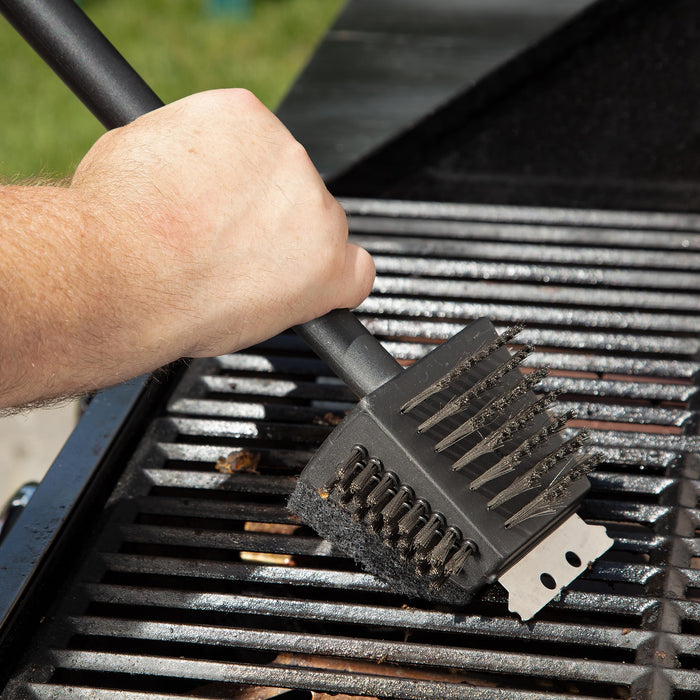 Cuisinart CCB-4125 4-in-1 Grill Cleaning Brush with Stainless Steel Wire Bristles - Scour Pad - Grill Scraper - 13" Handle Length - Grill Parts America