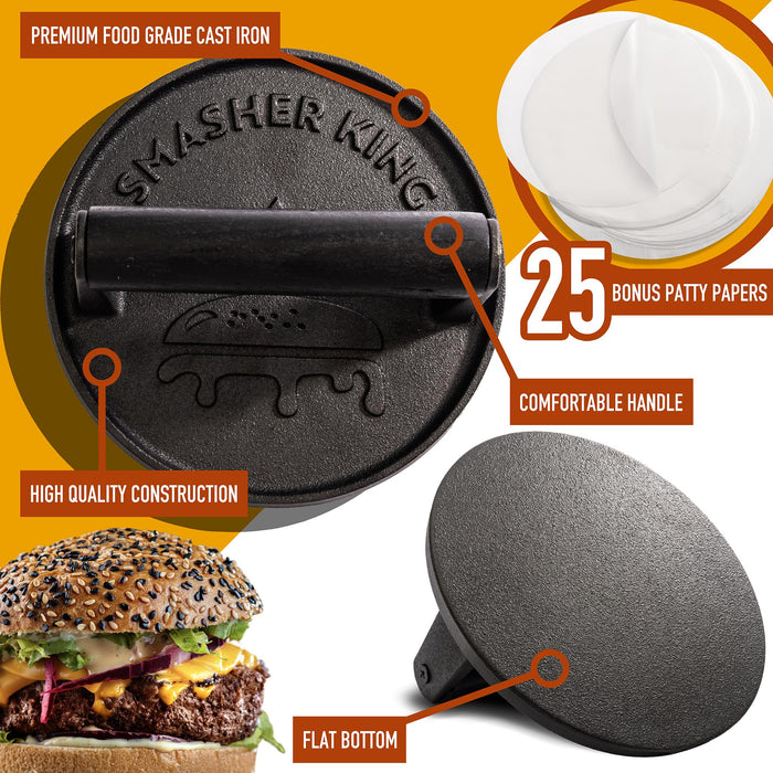 SMASHER KING™ - Premium Cast Iron Smash Burger Press incl. 25 pcs of Patty Paper, Burger Smasher for Griddle with Black Wood Handle, Perfect Hamburger Press, Meat Press, Bacon Press, Sandwich Press - Grill Parts America