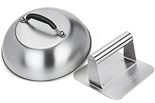 HULISEN Melting Dome & Smashed Burger Press Fits Blackstone and Camp Chef, Stainless Steel 9" Basting Cover, Heavy Duty Grill Press for Hamburger, Bacon, Griddle Accessories Kit, Gift Package - Grill Parts America