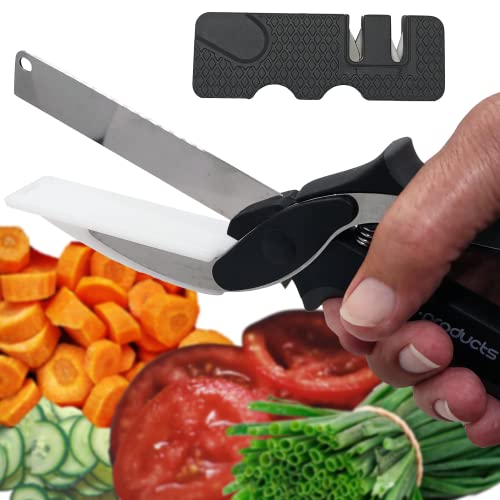 Vegetable Slicer Kitchen Cutter Salad Scissors - 2 in 1 Cutting Board Knife - Plus Blade Sharpener - Salad Chopper Food Cutting Scissors - Easy Cut Smart Cutter - A Clever Gift - Kitchen Parts America