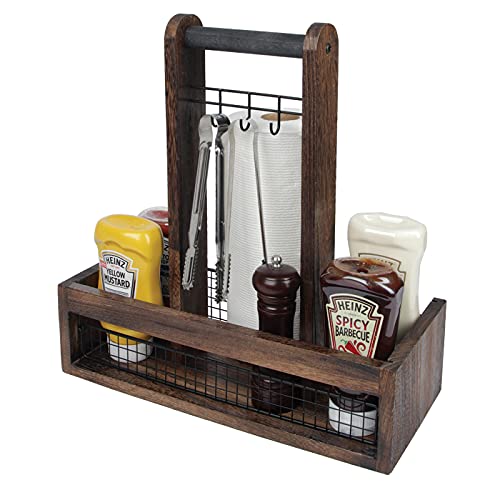 J JACKCUBE DESIGN Rustic Wood Tabletop Organizer for Outdoor Dining, Grill, BBQ Condiment, Spices, Spatula, Tong, Utensil Holder and Paper Towel Serving Caddy - MK718A (Rustic Wood) - Grill Parts America