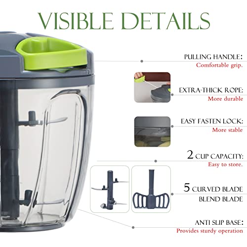 Ourokhome Garlic Grinder Onion Chopper, 2 in 1 Manual Food Processor Portable Speed Pull String Vegetable Cutter for Veggies, Ginger, Fruits, Nuts, Herbs with a blend blade etc, 900 ml, Gray - Kitchen Parts America