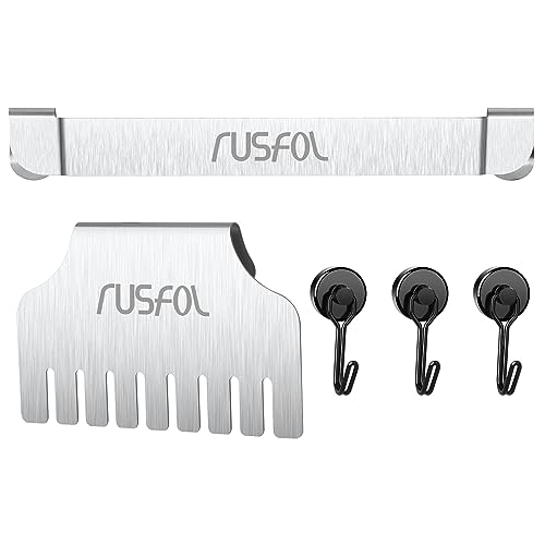 RUSFOL 3-IN-1 Stainless Steel Griddle Spatula Holder with Mesh Screen Grease Gate and 3 Magnetic Hooks for 28"/36" Blackstone Griddles, Flat Top Griddle BBQ Accessories, Free from Drill&Easy install - Grill Parts America