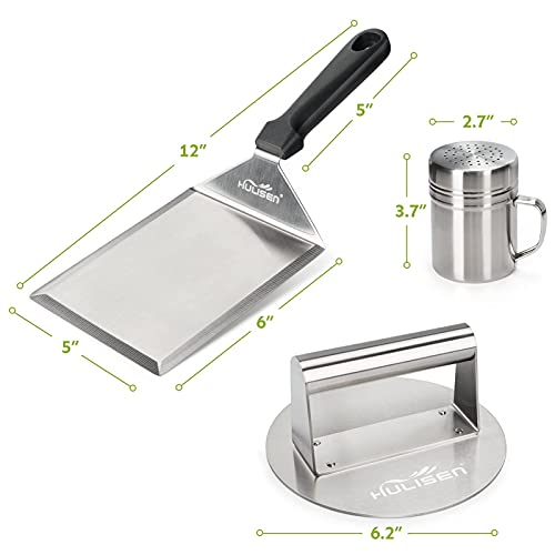 HULISEN Smashed Burger Kit, Stainless Steel Burger Press, Grill Spatula and Spice Dredge Shaker - Burger Smasher Griddle Accessories Kit for Flat Top Griddle Grill Cooking, Gift Package - Grill Parts America