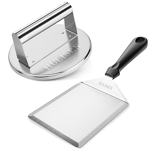 HULISEN Griddle Accessories for Blackstone, Smashed Burger Press Kit, Stainless Steel Burger Press with Raised edge & Burger Spatula, Professional Hamburger Grill Press for Flat Top Griddle Cooking - Grill Parts America