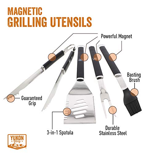 Yukon Glory 4 Piece Magnetic Grill Tools Set, Heavy Duty Stainless Steel, Contains Grill Fork, Basting Brush, Tongs and Multifunctional Spatula - Grill Parts America