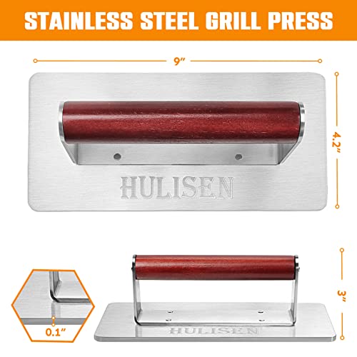 HULISEN Stainless Steel Bacon Press, 9 Inch Large Heavy Duty Burger Press with Wood Handle, Non-stick Grill Press for Griddle, Steak Weight Griddle BBQ Accessories for Panini, Sandwiches, Gift Package - Grill Parts America