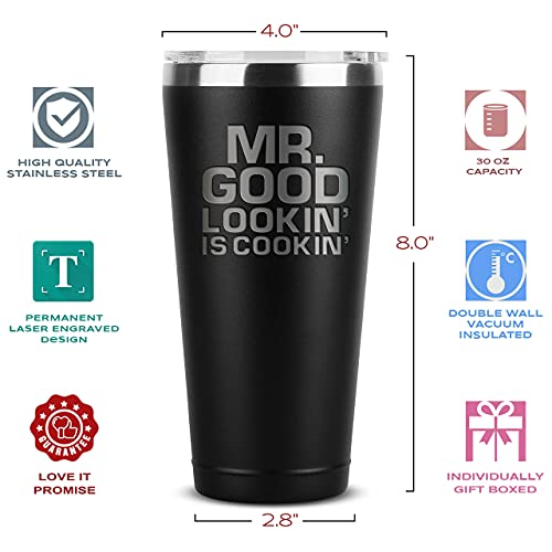 Grill Gifts for Men - BBQ Gifts for Men - Mr Good Lookin' is Cookin' - 30 oz Black Tumbler w/Lid - Grill Parts America