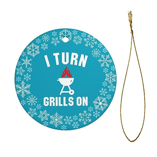 I Turn Grills On Christmas Tree Round Hanging Ornaments Double-Sided Printing Ceramic Ornaments - Grill Parts America