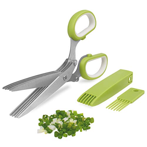 Herb Cutter Scissors 5 Blade Scissors Kitchen Multipurpose Cutting Shear with 5 Stainless Steel Blades & Safety Cover & Cleaning Comb Cilantro Scissors Sharp Shredding Shears Christmas Gift (Green) - Grill Parts America