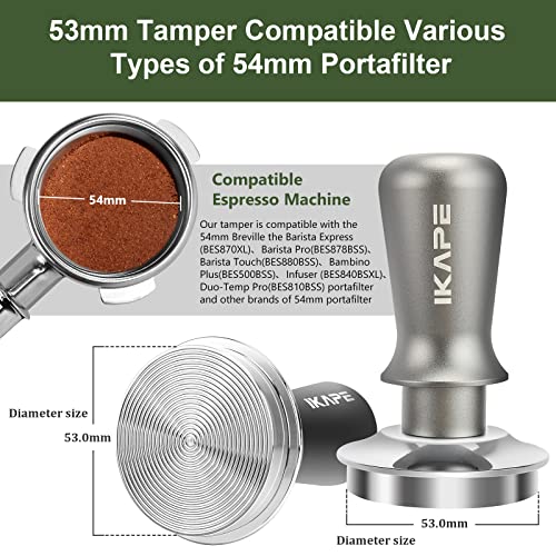 IKAPE 53mm Espresso Tamper, Premium Barista Coffee Tamper with Calibrated Spring Loaded, 100% Flat Stainless Steel Base Tamper Fits for Breville Series 54mm Portafilter Basket - Kitchen Parts America
