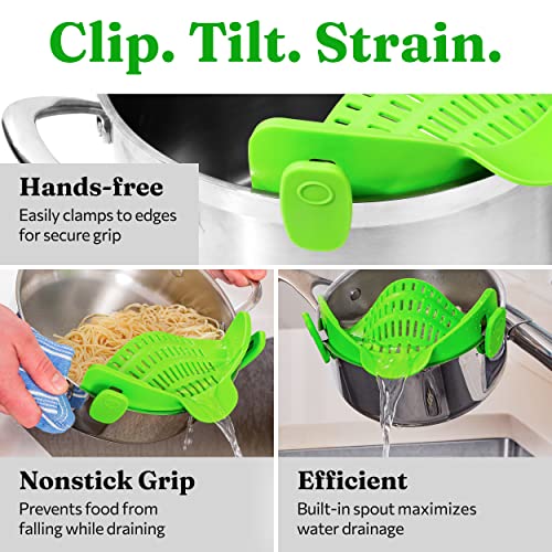 Kitchen Gizmo Snap N Strain Pot Strainer and Pasta Strainer - Adjustable Silicone Clip On Strainer for Pots, Pans, and Bowls - Lime Green - Grill Parts America