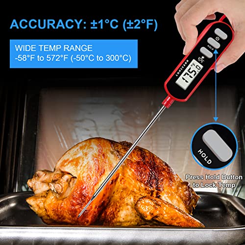 Lonicera Instant Read Digital Meat Thermometer for Food, Bread Baking, Water and Liquid. Waterproof and Long Probe with Meat Temp Guide for Cooking, Display with Backlit (Red) - Grill Parts America