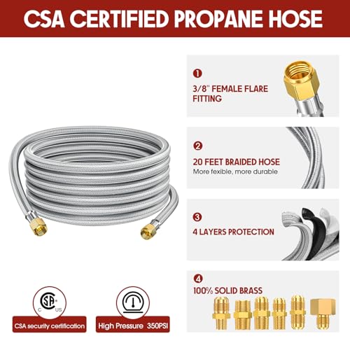 PatioGem 20 Feet High Pressure Braided Propane Hose Extension with Conversion Coupling 3/8" Flare to 1/2" Female NPT, 1/4" Male NPT, 3/8" Male NPT, 3/8" Male Flare for Heater, Grill, Fire Pit, Stove - Grill Parts America