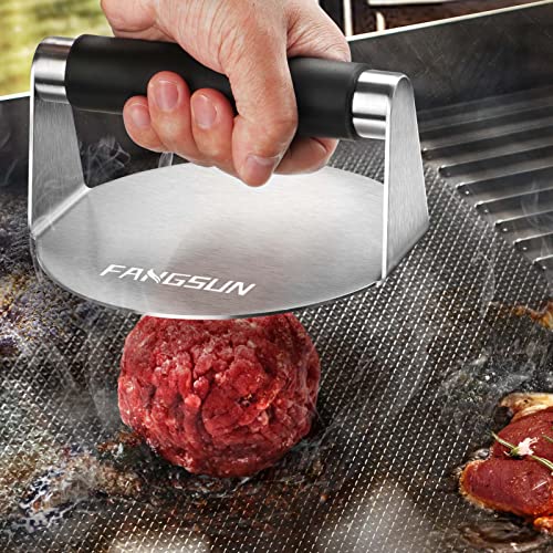 FANGSUN Burger Press with Anti-Scald Handle, 5.8 Inch Stainless Steel Burger Smasher, Round Non-Stick Hamburger Press for Griddle, Griddle Accessories Kit for Flat Grill Cooking, Gift Package - Grill Parts America