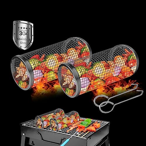 2PCS Rolling Grilling Baskets,Outdoor Grill Bbq Net Tube,304 Stainless Steel Grilling Baskests,Large Cooking Accessories for Veggies Vegetable - Grill Parts America